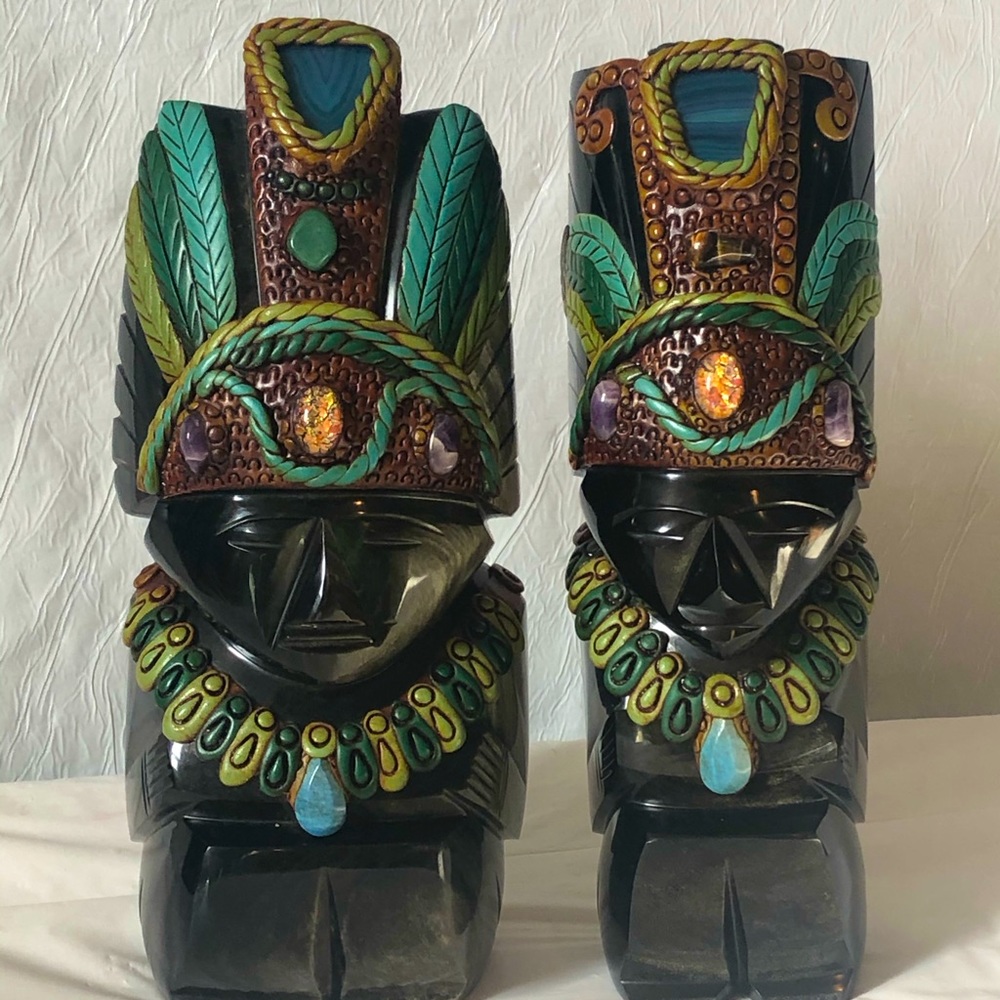 Mayan Aztec Large stone pair with loadsgemstones Mexican Silver sheen obsidian